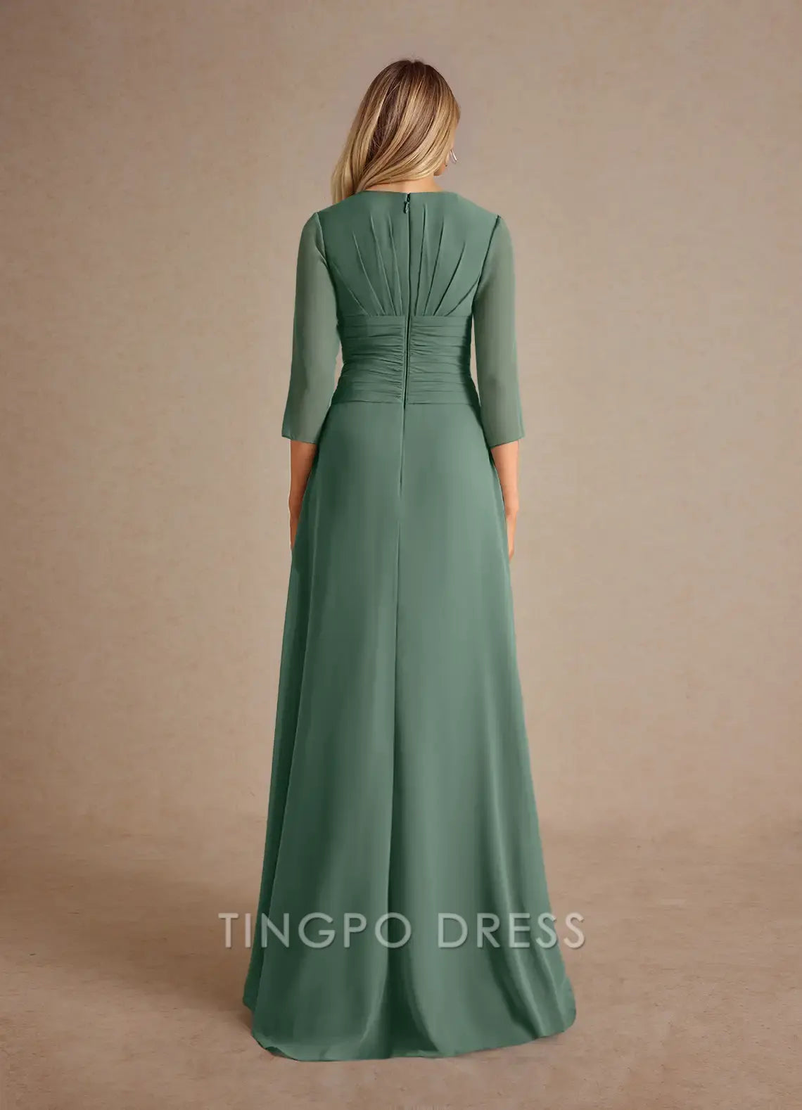 TingPo Wholesale Elegant V - Neck Chiffon Evening Gown with 3/4 Sheer Sleeves and Ruched Bodice: A Sophisticated Choice for Formal Events